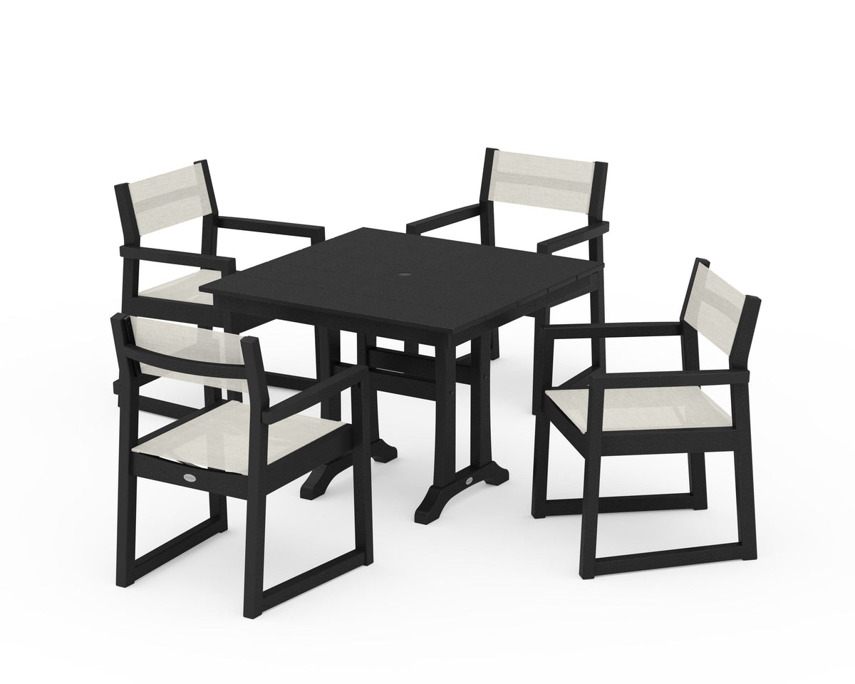 POLYWOOD EDGE Sling 5-Piece Farmhouse Dining Set with Trestle Legs in Black / Parchment