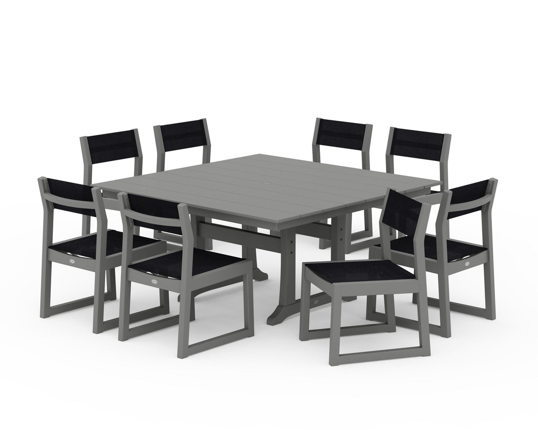 POLYWOOD EDGE Sling Side Chair 9-Piece Farmhouse Trestle Dining Set in Slate Grey / Black