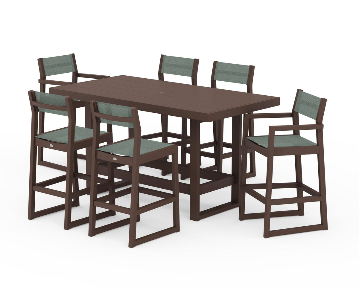 POLYWOOD EDGE Sling 7-Piece Bar Table Set in Mahogany / Dupioni Sea Mist