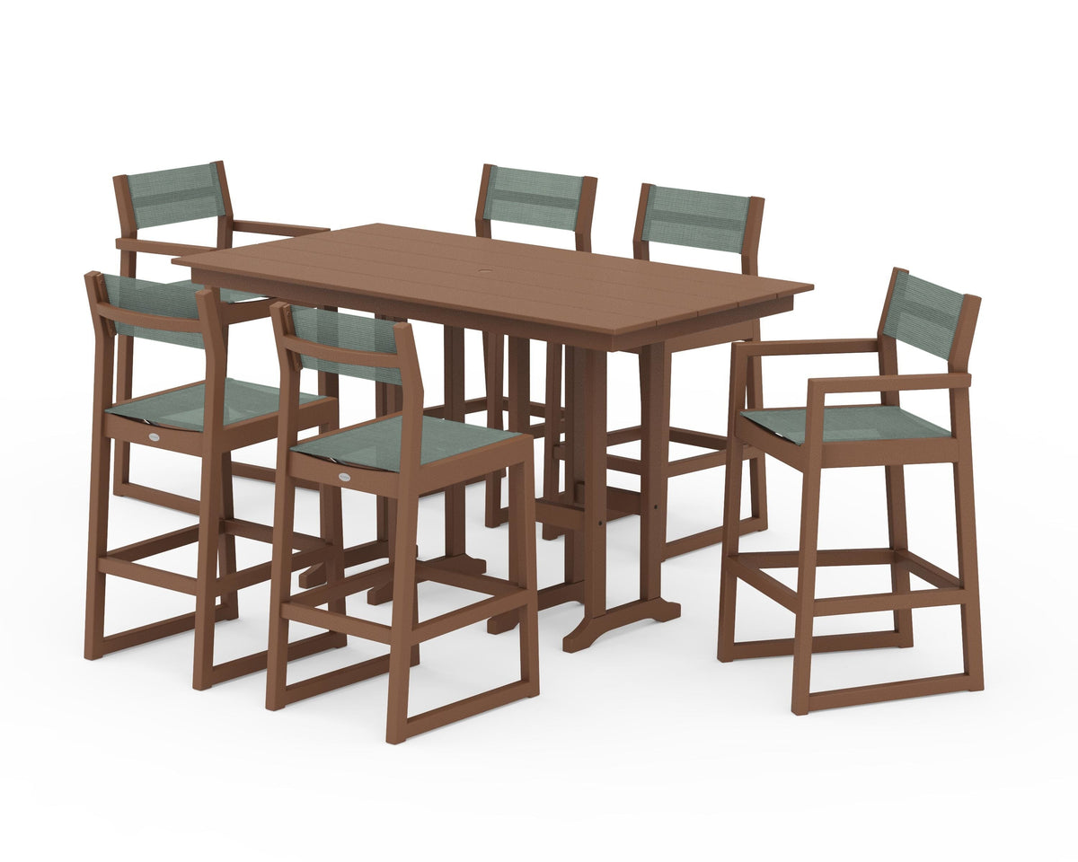 POLYWOOD EDGE Sling 7-Piece Farmhouse Bar Set in Teak / Dupioni Sea Mist