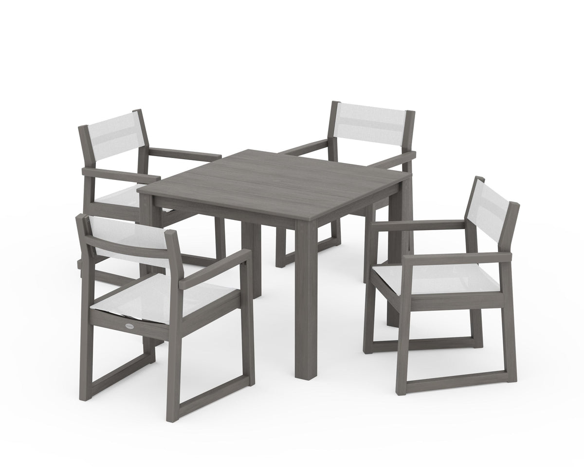POLYWOOD EDGE Sling Arm Chair 5-Piece Parsons Dining Set in Driftwood / White