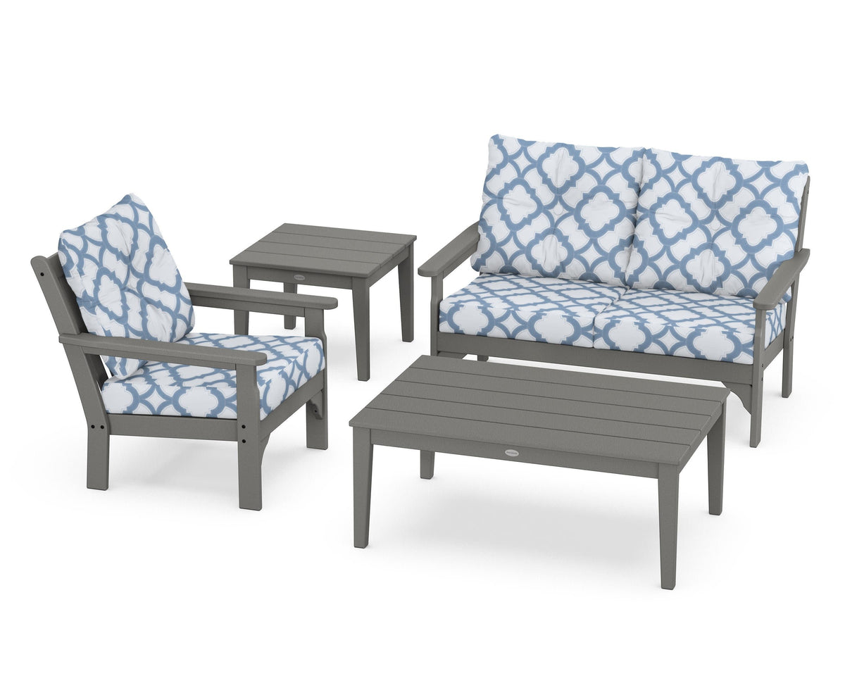 POLYWOOD Vineyard 4-Piece Deep Seating Set in Slate Grey / Trellis Sky Blue