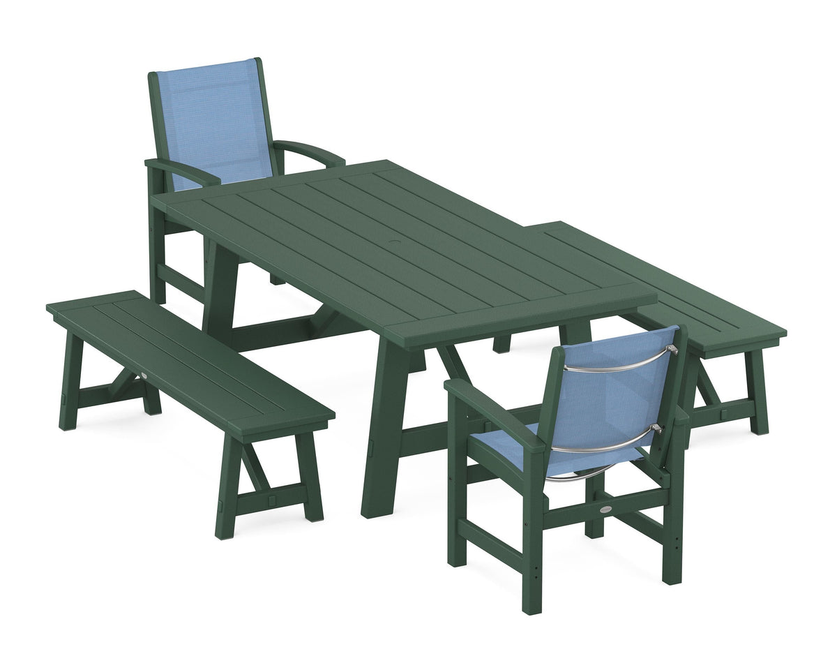 POLYWOOD Coastal 5-Piece Rustic Farmhouse Dining Set With Benches in Green / Poolside