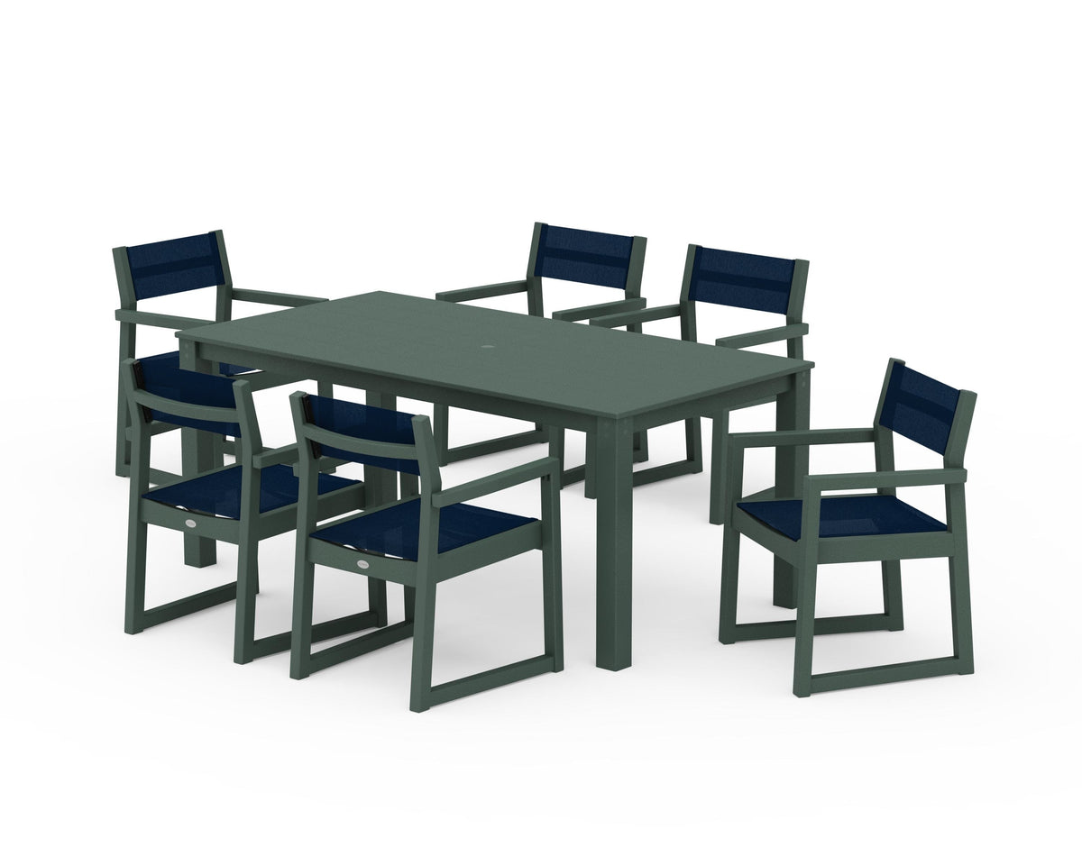 POLYWOOD EDGE Sling Arm Chair 7-Piece Parsons Dining Set in Green / Navy Blue
