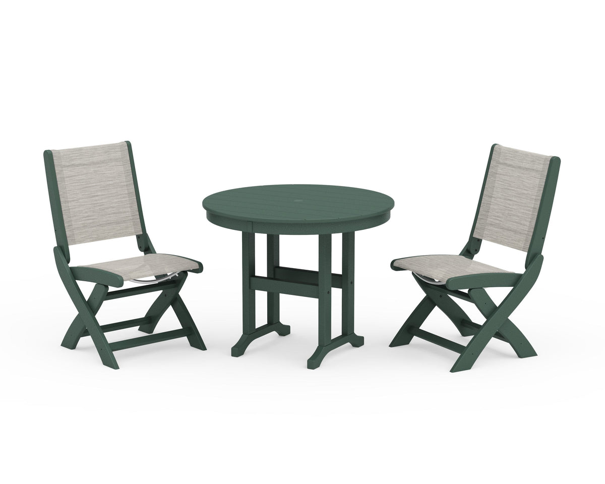 POLYWOOD Coastal Folding Side Chair 3-Piece Round Dining Set in Green / Birch