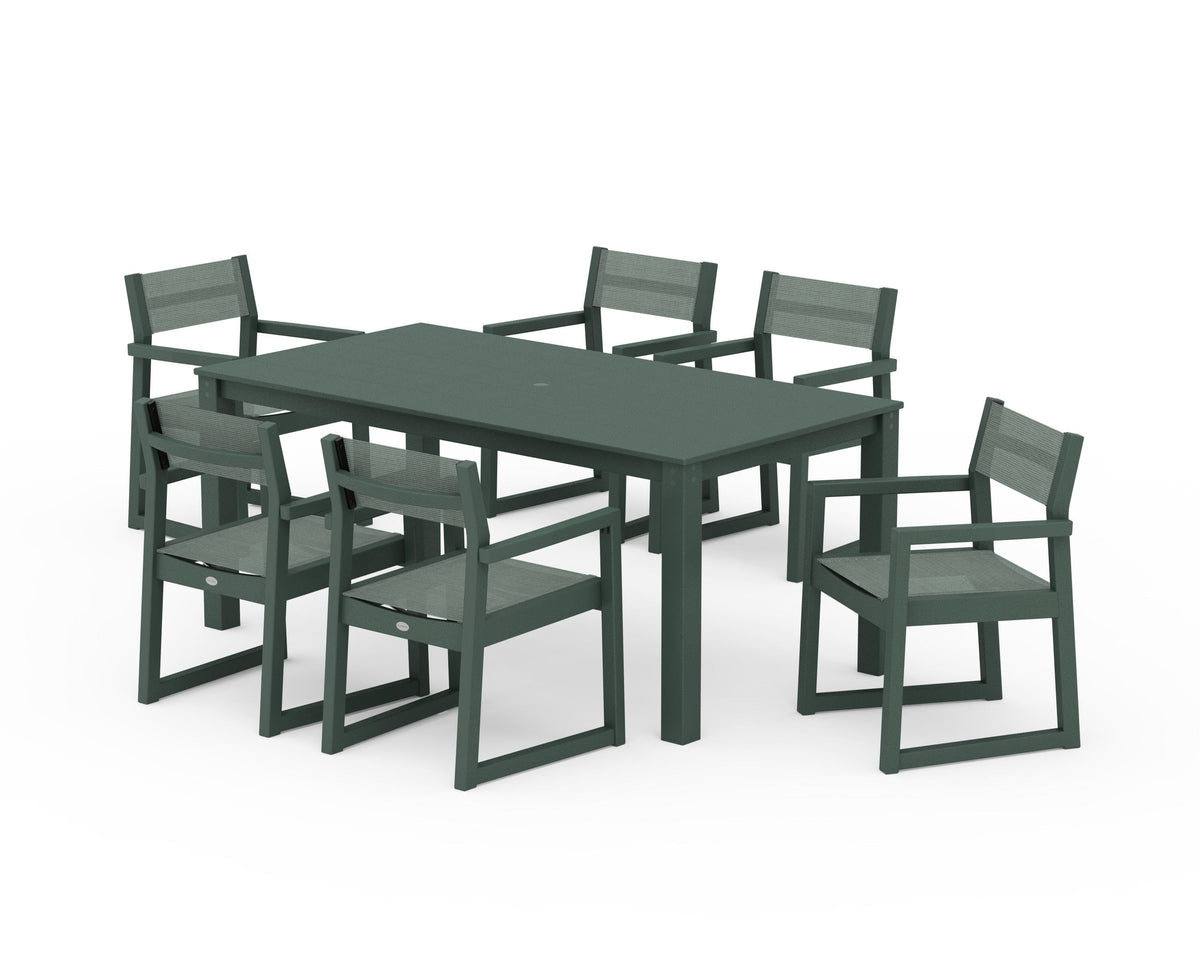 POLYWOOD EDGE Sling Arm Chair 7-Piece Parsons Dining Set in Green / Dupioni Sea Mist