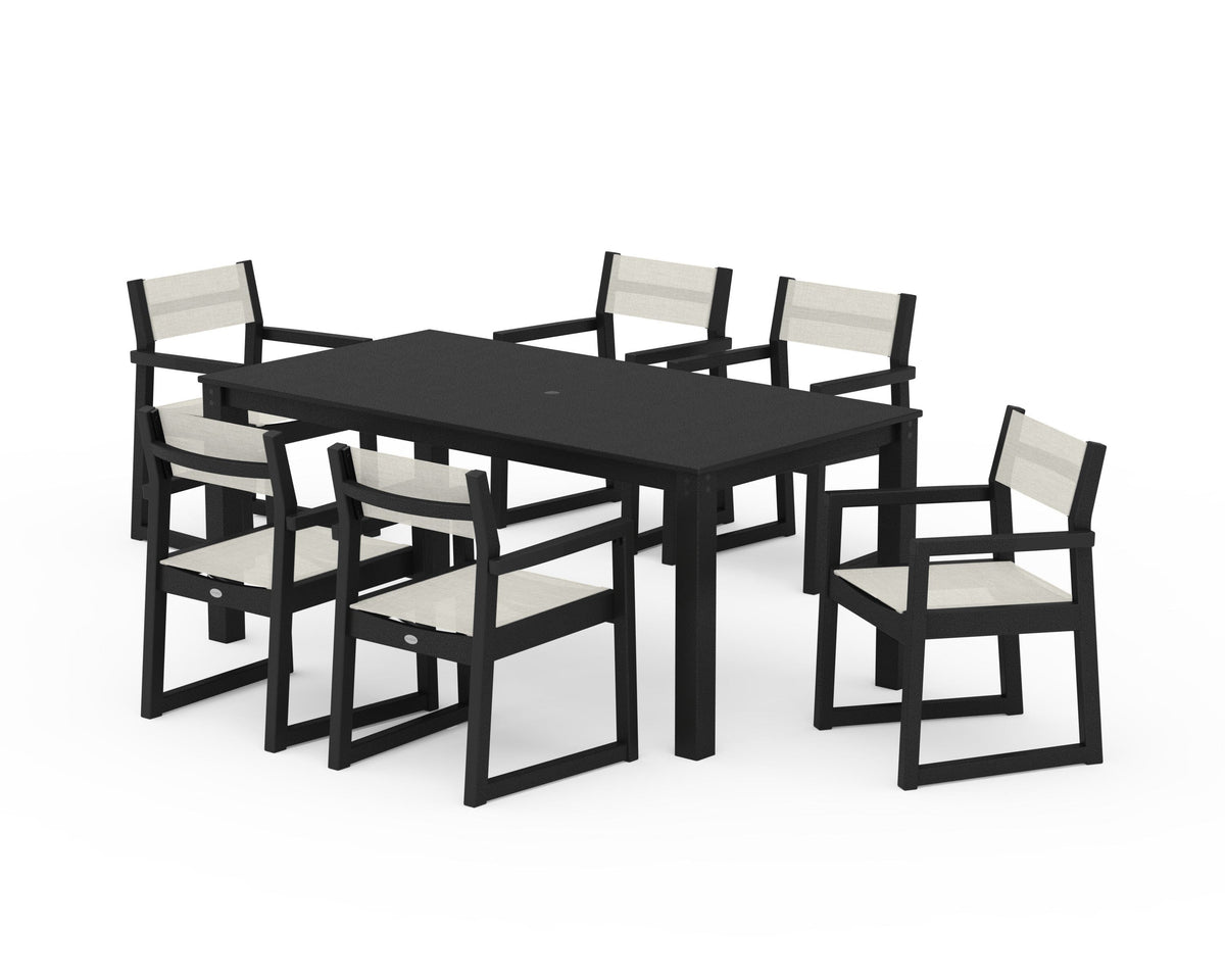 POLYWOOD EDGE Sling Arm Chair 7-Piece Parsons Dining Set in Black / Parchment
