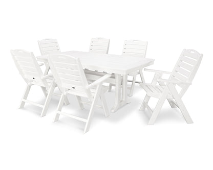 POLYWOOD Nautical Folding Highback Chair 7-Piece Dining Set with Trestle Legs in White