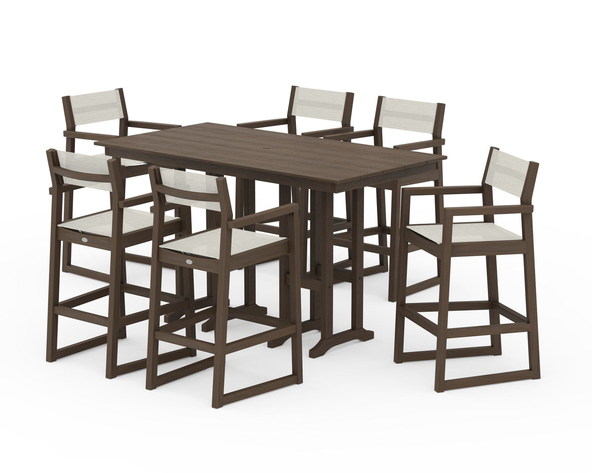 POLYWOOD EDGE Sling Arm Chair 7-Piece Farmhouse Bar Set in Kona / Parchment