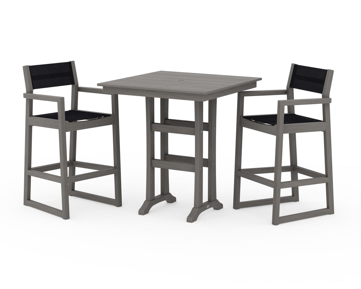 POLYWOOD EDGE Sling Arm Chair 3-Piece Farmhouse Bar Set with Trestle Legs in Driftwood / Black