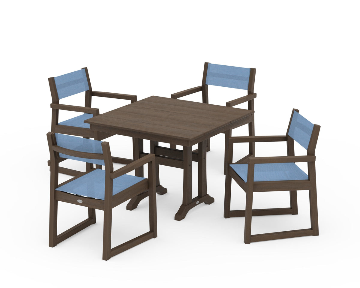 POLYWOOD EDGE Sling 5-Piece Farmhouse Dining Set with Trestle Legs in Kona / Poolside