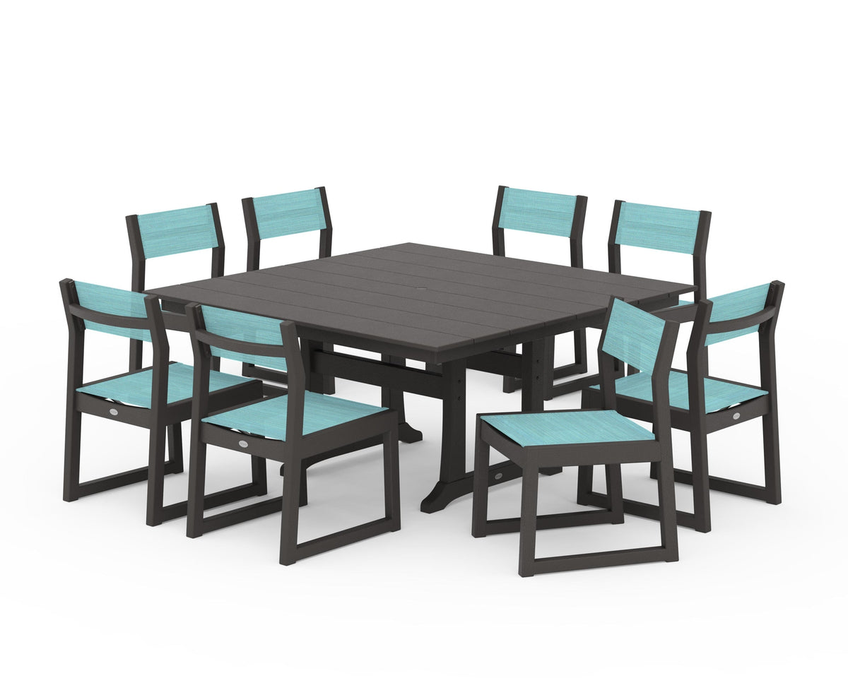 POLYWOOD EDGE Sling Side Chair 9-Piece Farmhouse Trestle Dining Set in Vintage Coffee / Dupioni Aquamarine