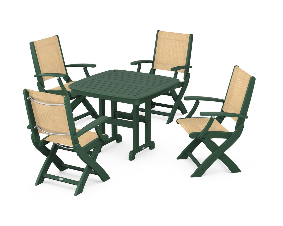 POLYWOOD Coastal Folding Chair 5-Piece Dining Set with Nautical 37" Dining Table in Green / Dupioni Apricot