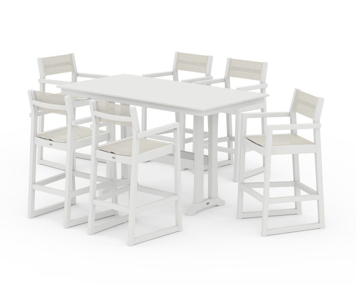POLYWOOD EDGE Sling Arm Chair 7-Piece Farmhouse Bar Set with Trestle Legs in Vintage White / Parchment