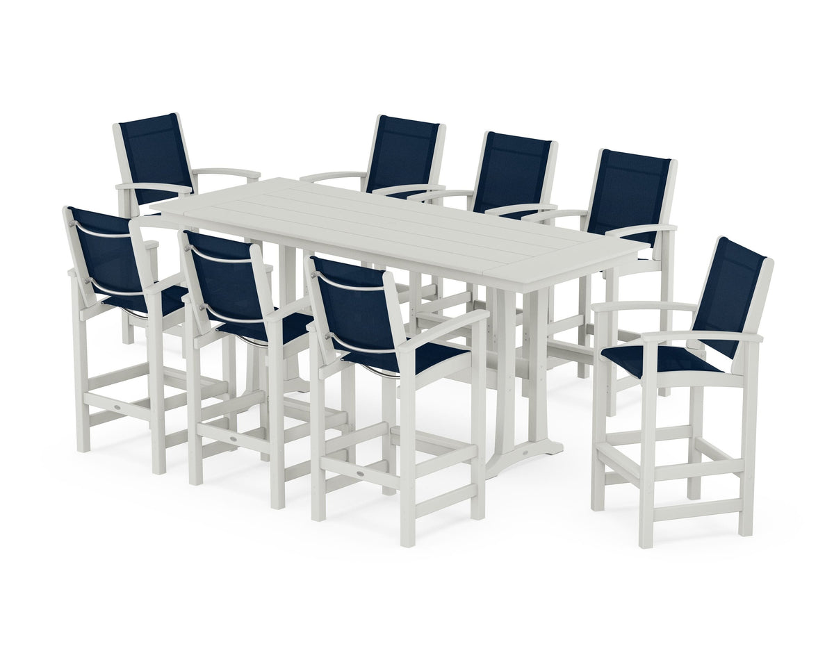 POLYWOOD Coastal 9-Piece Farmhouse Bar Set with Trestle Legs in Vintage White / Navy Blue
