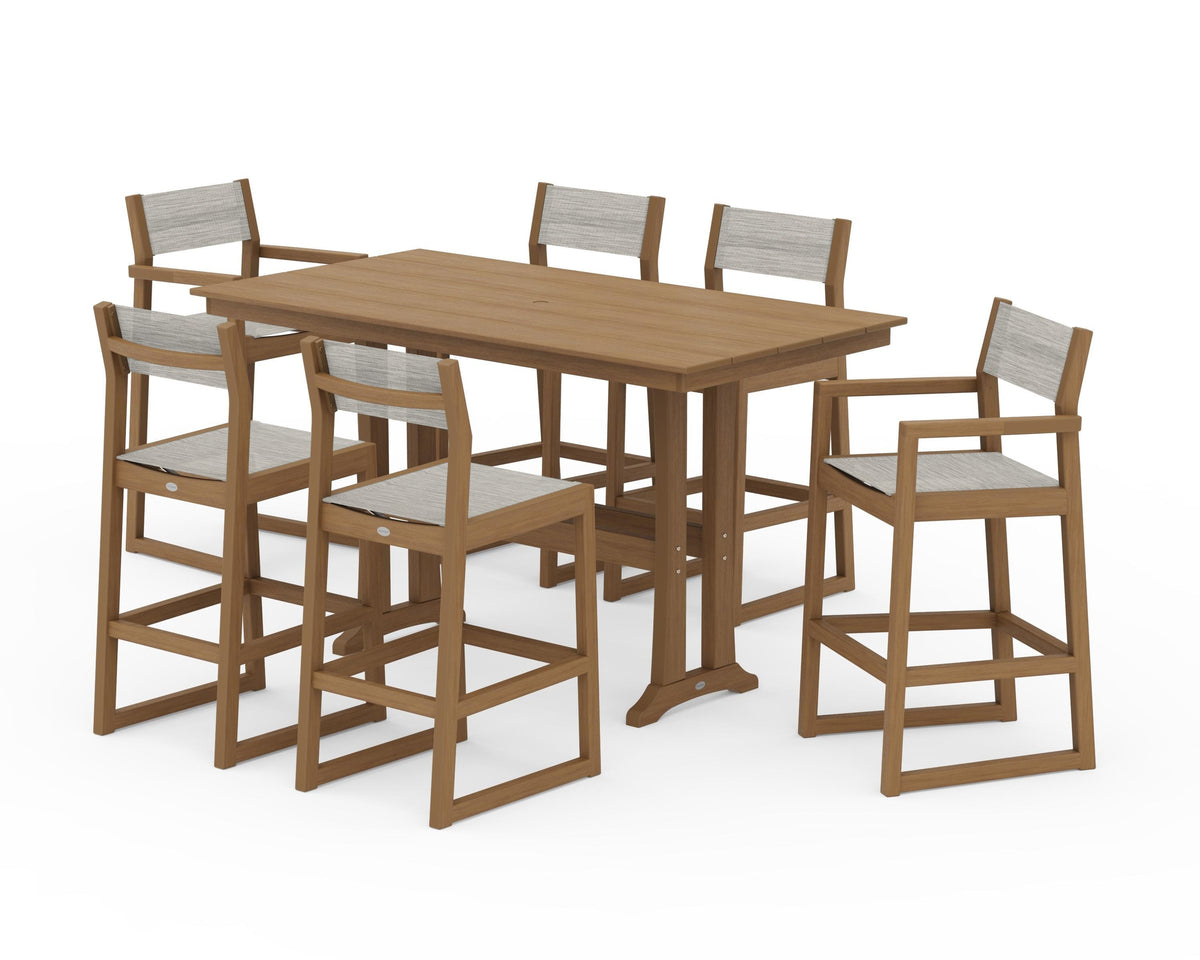 POLYWOOD EDGE Sling 7-Piece Farmhouse Bar Set with Trestle Legs in Natural / Birch