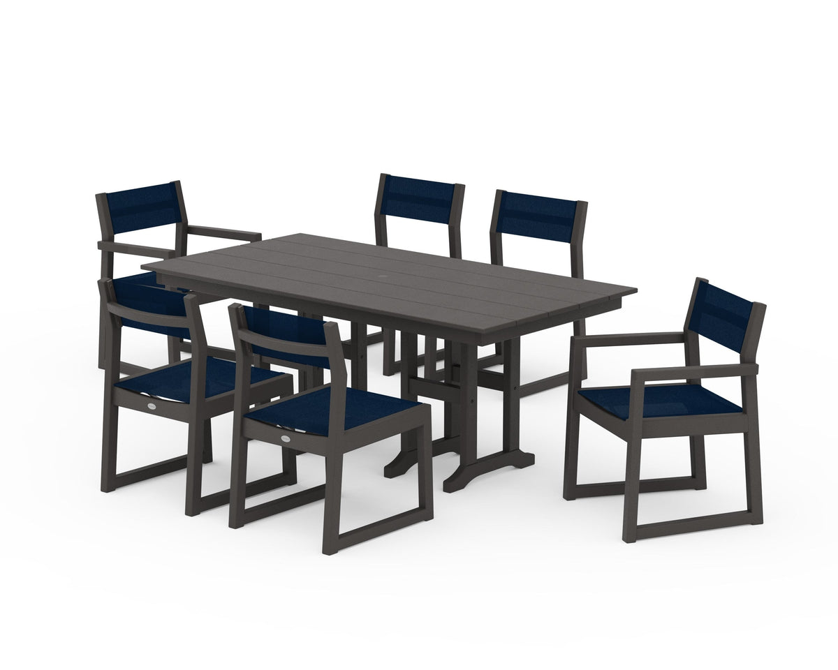 POLYWOOD EDGE Sling 7-Piece Farmhouse Dining Set in Vintage Coffee / Navy Blue