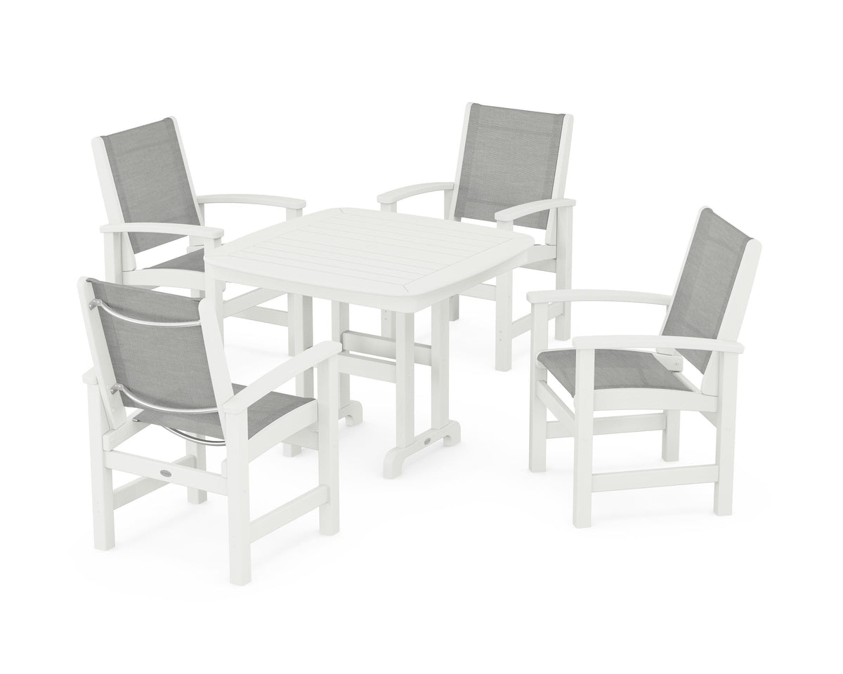 POLYWOOD Coastal 5-Piece Dining Set with Nautical 37" Dining Table in Vintage White / Metallic