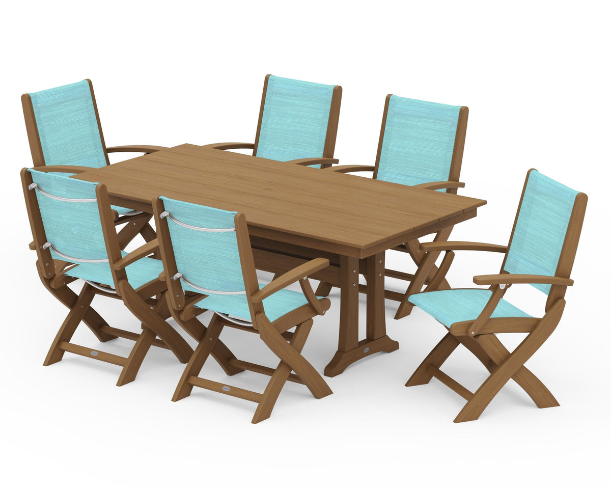POLYWOOD Coastal Folding Arm Chair 7-Piece Farmhouse Dining Set with Trestle Legs in Natural / Dupioni Aquamarine