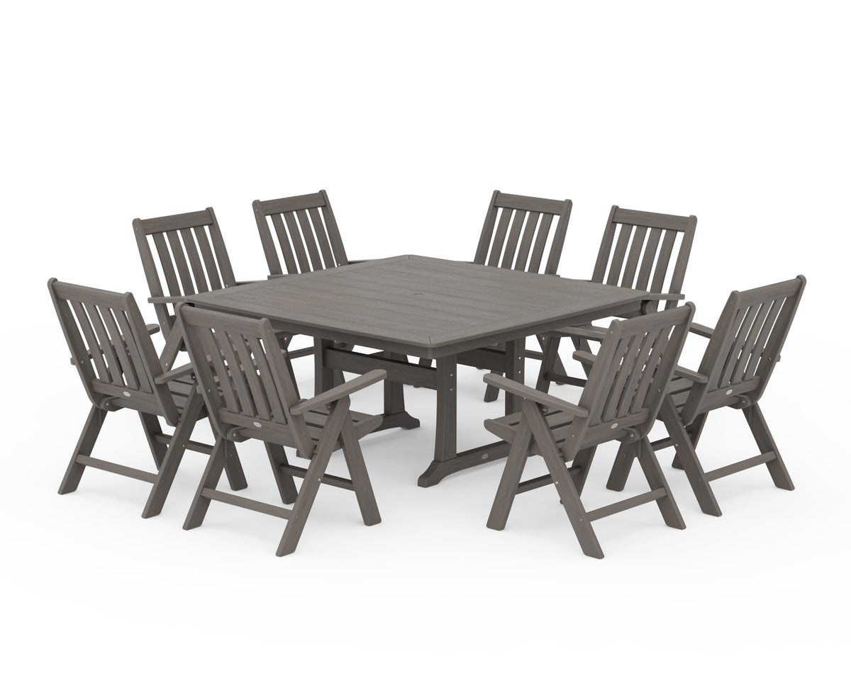 POLYWOOD Vineyard Folding Chair 9-Piece Square Dining Set with Trestle Legs in Driftwood