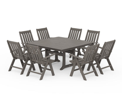 POLYWOOD Vineyard Folding Chair 9-Piece Square Dining Set with Trestle Legs in Driftwood