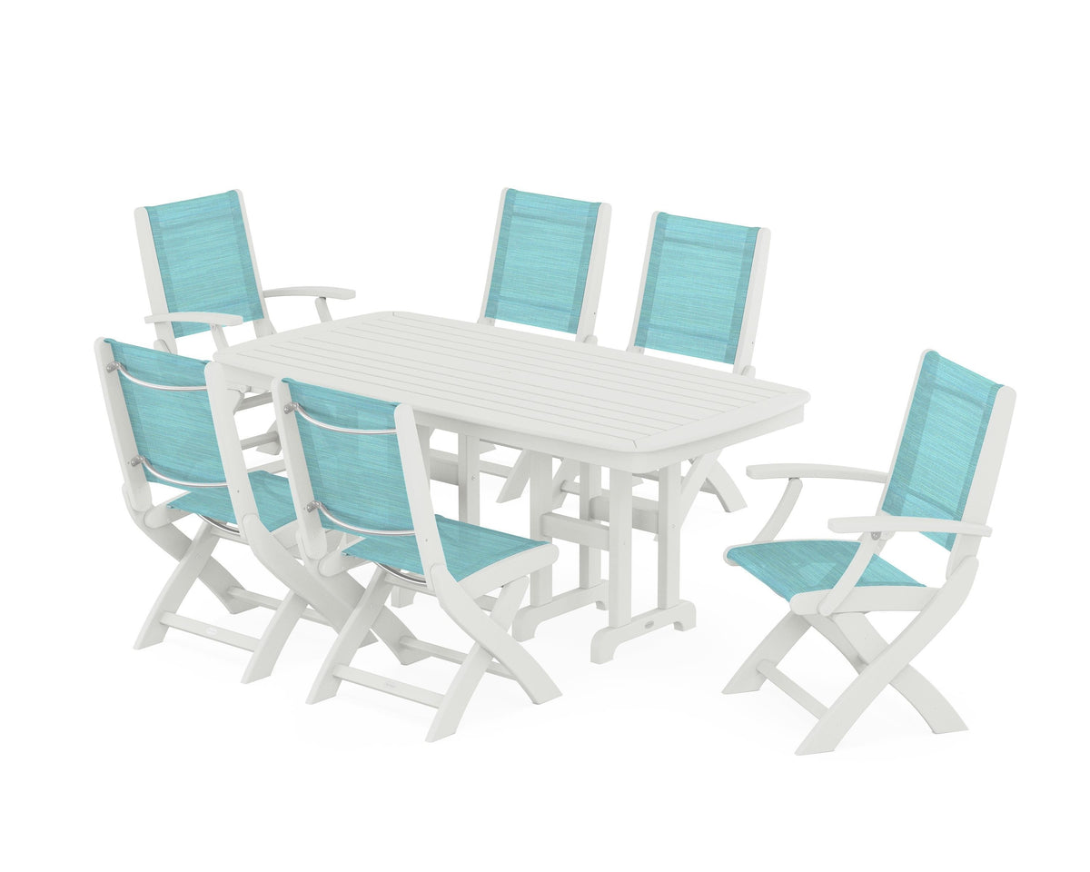 POLYWOOD Coastal Folding Chair 7-Piece Dining Set in Vintage White / Dupioni Aquamarine