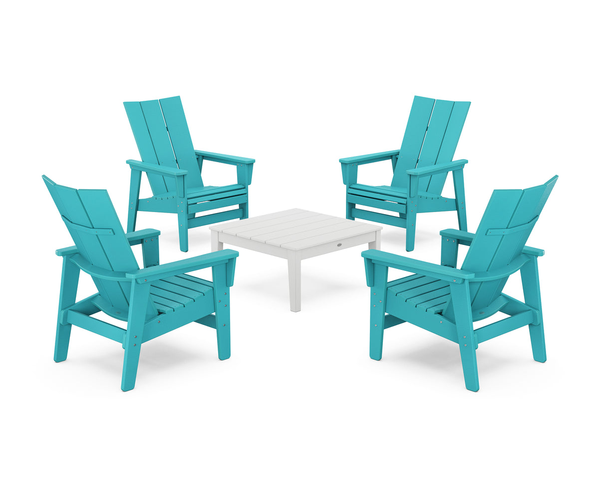 POLYWOOD 5-Piece Modern Grand Upright Adirondack Chair Conversation Group in Aruba / White