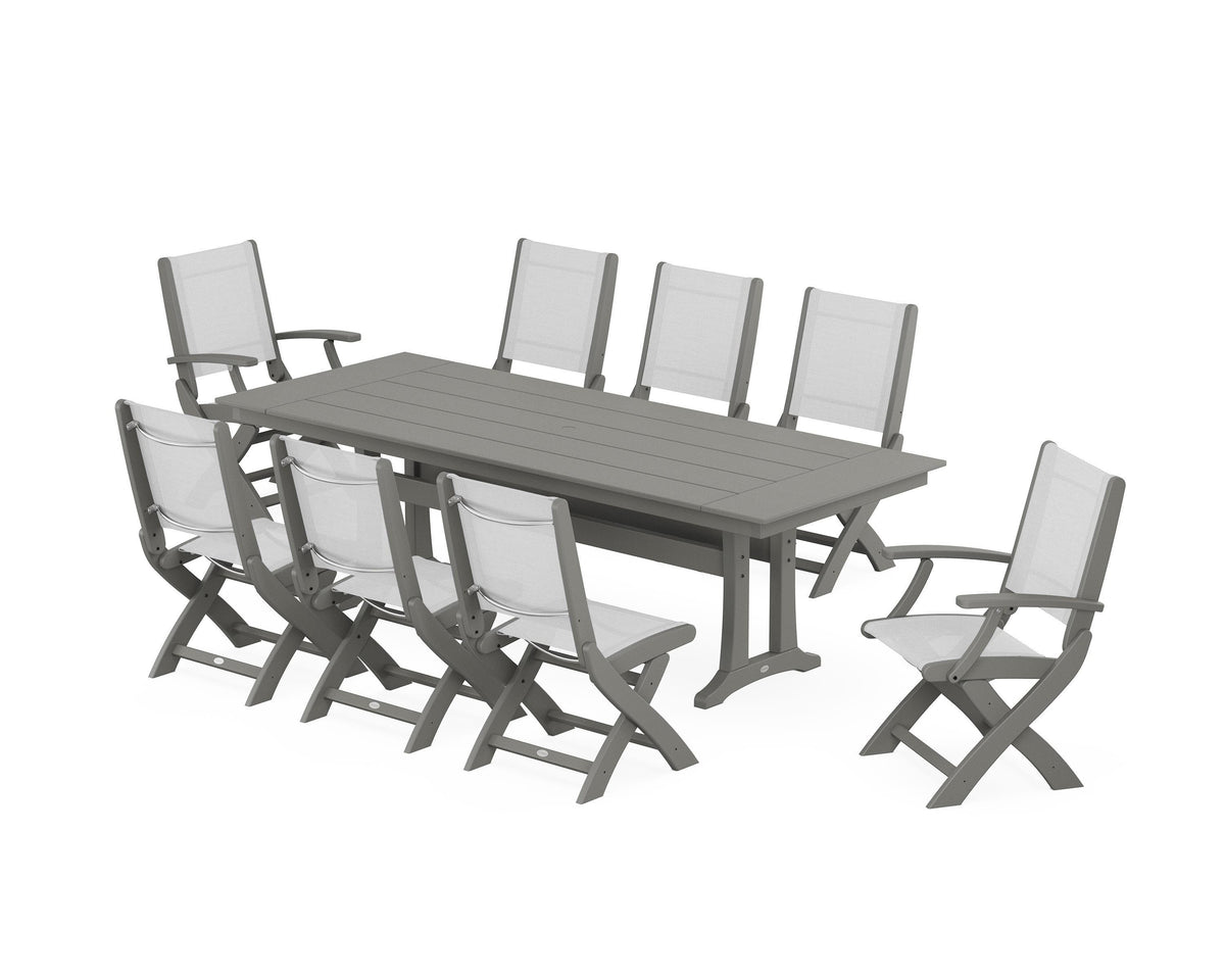 POLYWOOD Coastal 9-Piece Folding Dining Chair Farmhouse Dining Set with Trestle Legs in Slate Grey / White