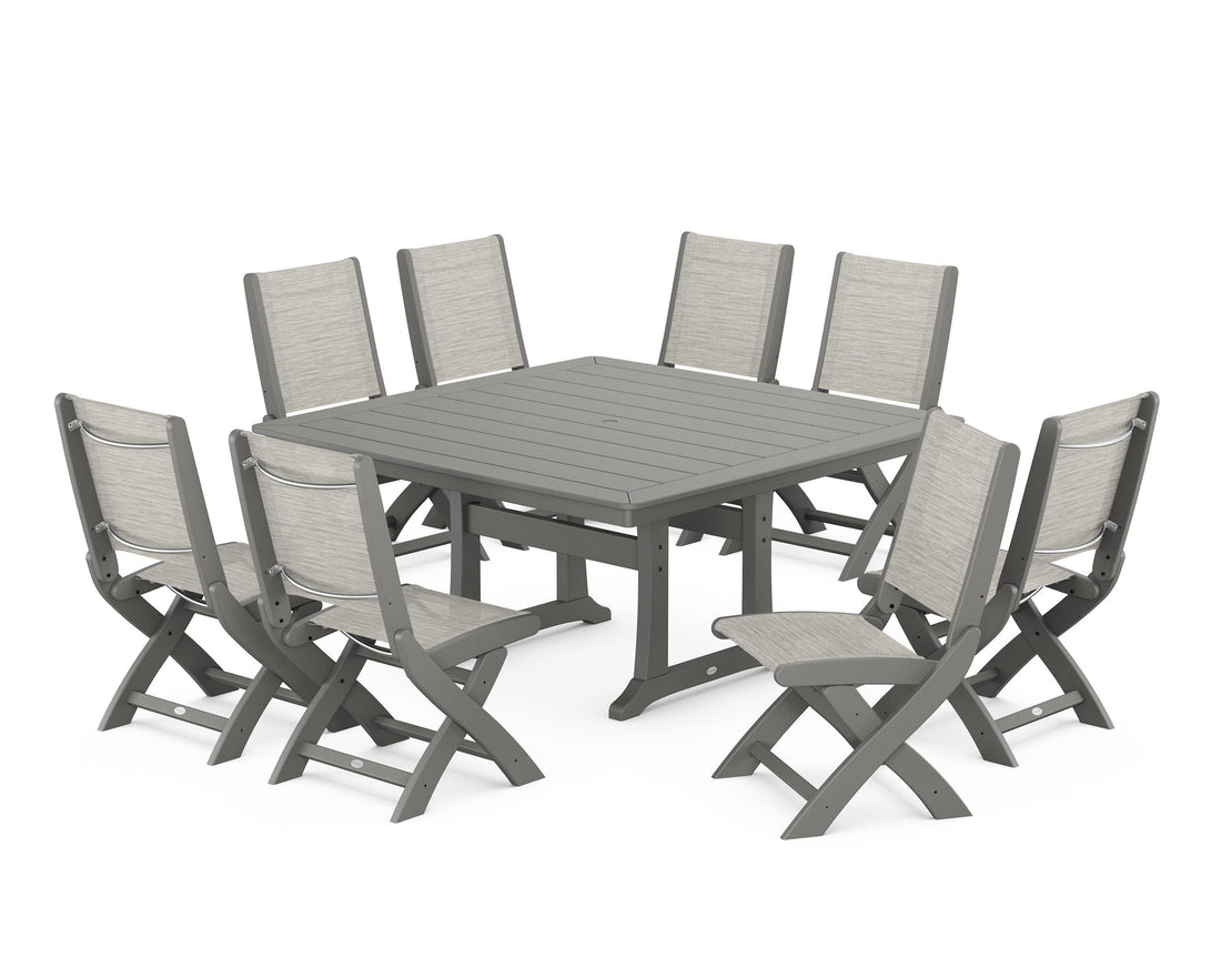 POLYWOOD Coastal Folding Side Chair 9-Piece Dining Set with Trestle Legs in Slate Grey / Birch