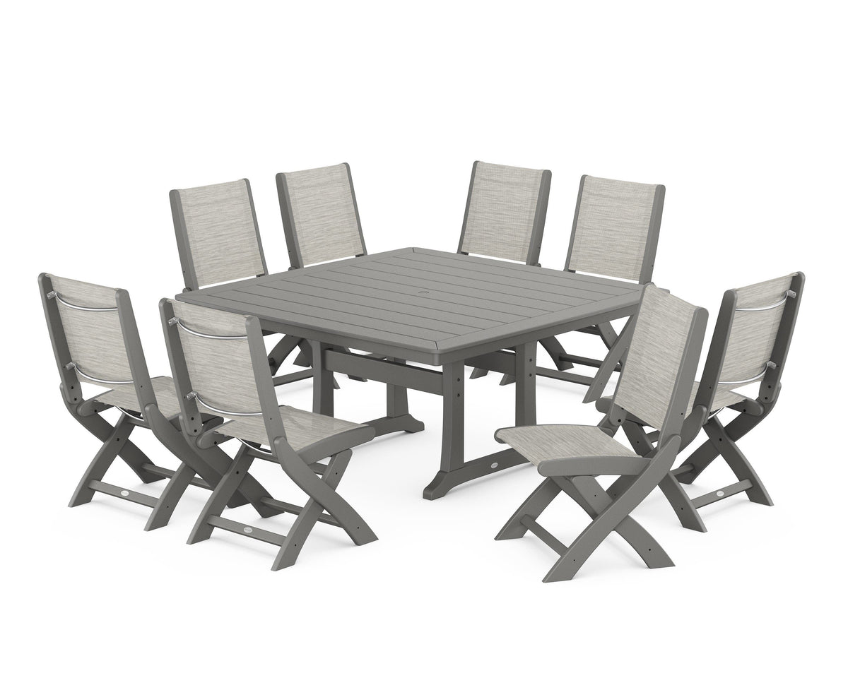 POLYWOOD Coastal Folding Side Chair 9-Piece Dining Set with Trestle Legs in Slate Grey / Birch
