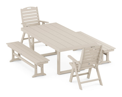 POLYWOOD Nautical Folding Highback 5-Piece Dining Set with Trestle Legs in Sand