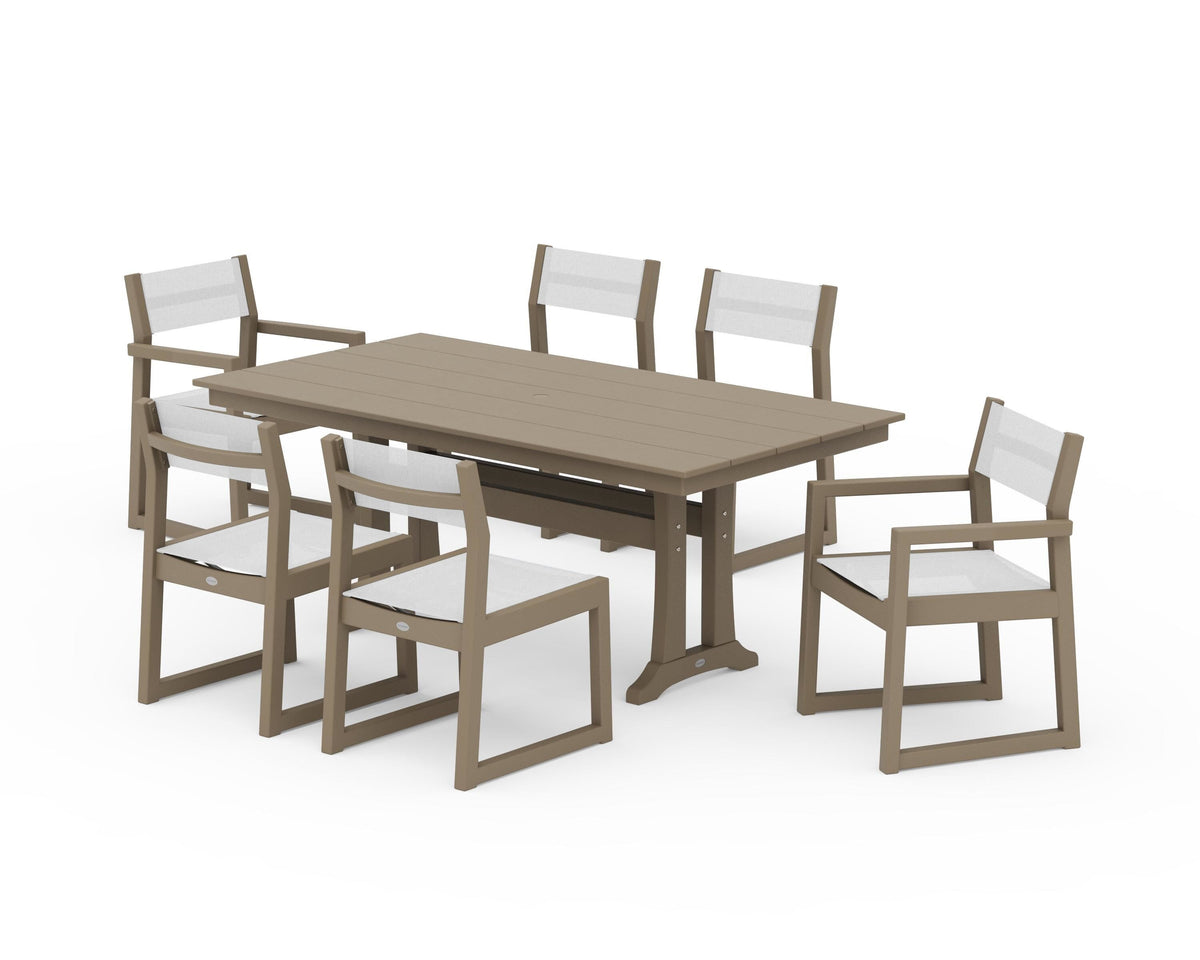 POLYWOOD EDGE Sling 7-Piece Farmhouse Trestle Dining Set in Vintage Sahara / White