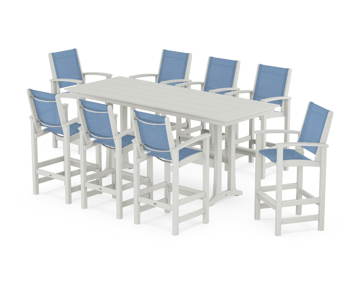 POLYWOOD Coastal 9-Piece Farmhouse Bar Set with Trestle Legs in Vintage White / Poolside