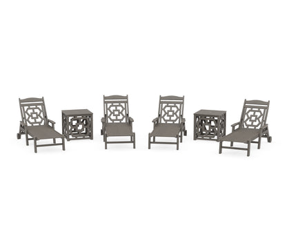 POLYWOOD Chinoiserie 6-Piece Chaise Set with Umbrella Stand Accent Table in Driftwood