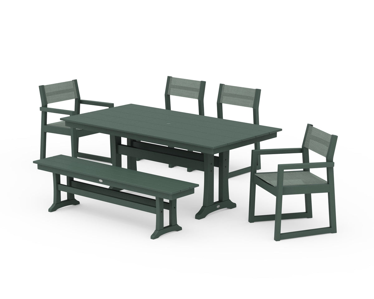 POLYWOOD EDGE Sling 6-Piece Farmhouse Dining Set With Trestle Legs in Green / Dupioni Sea Mist