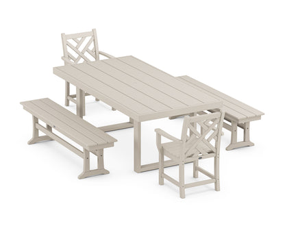 POLYWOOD Chippendale 5-Piece Dining Set with Benches - 39" x 78" Table in Sand