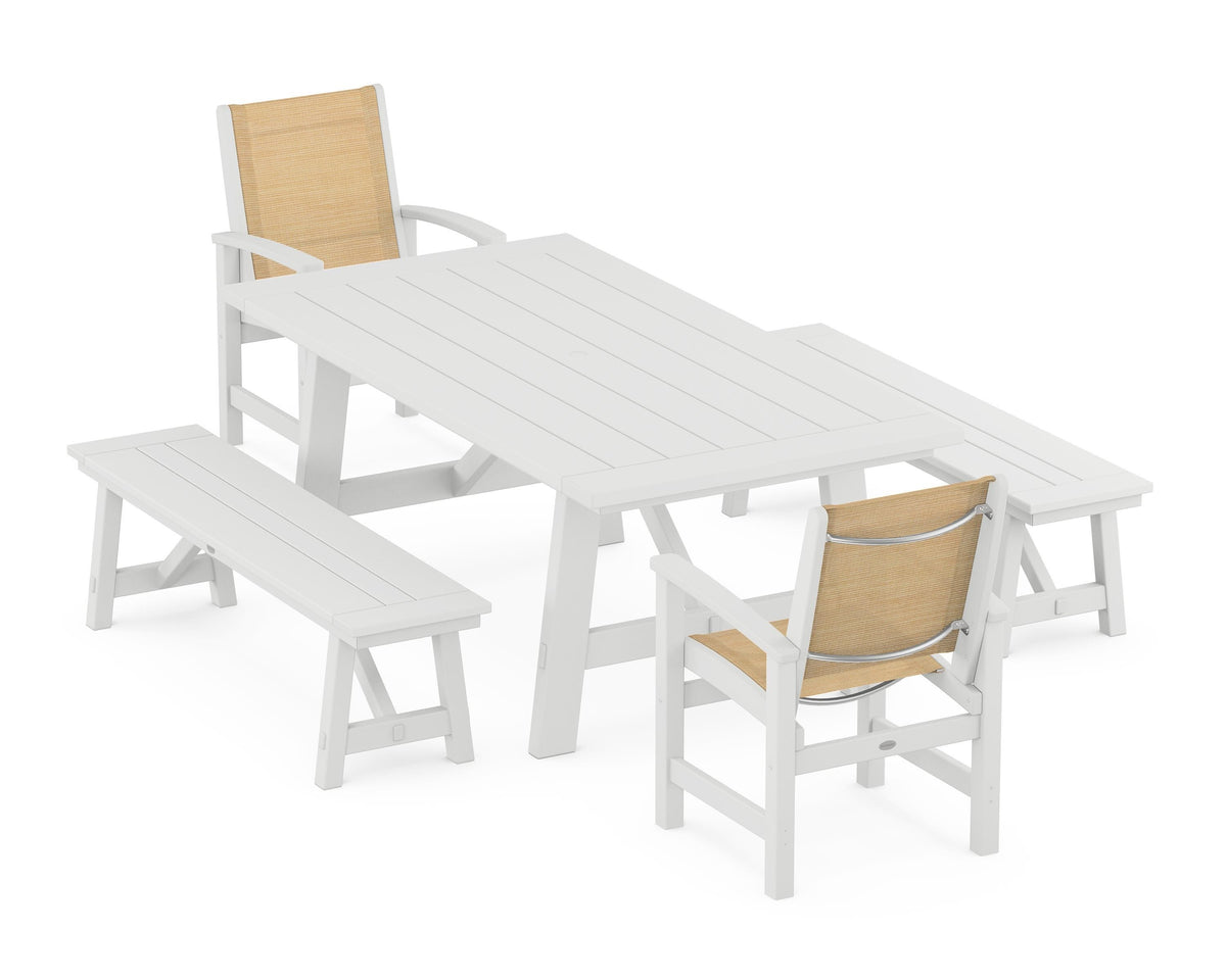 POLYWOOD Coastal 5-Piece Rustic Farmhouse Dining Set With Benches in White / Dupioni Apricot