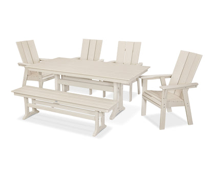 POLYWOOD Modern Curveback Adirondack 6-Piece Farmhouse Dining Set with Trestle Legs and Bench - 37" x 72" Table in Sand