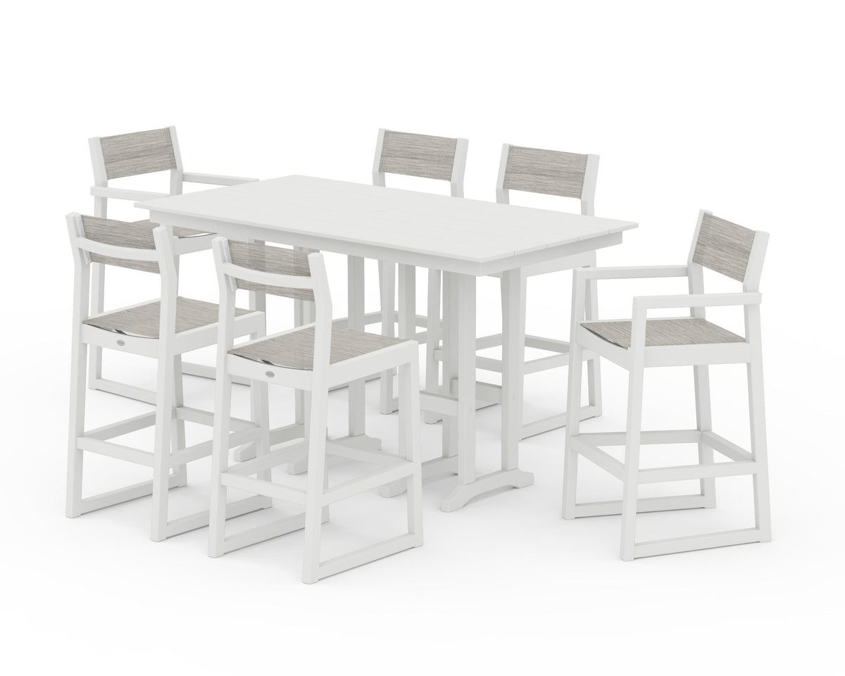 POLYWOOD EDGE Sling 7-Piece Farmhouse Bar Set in White / Birch