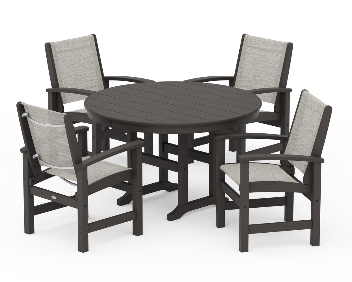 POLYWOOD Coastal 5-Piece Round Farmhouse Dining Set in Vintage Coffee / Birch