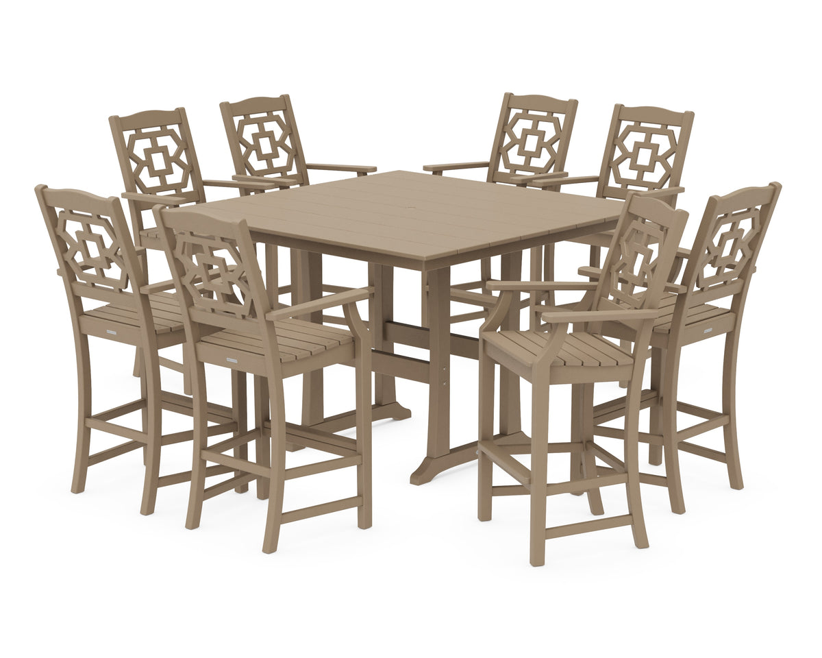 POLYWOOD Chinoiserie 9-Piece Square Farmhouse Side Chair Bar Set with Trestle Legs in Vintage Sahara
