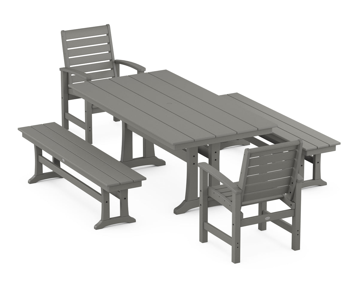 POLYWOOD Signature 5-Piece Farmhouse Dining Set with Trestle Legs - 37" x 72" Table in Slate Grey