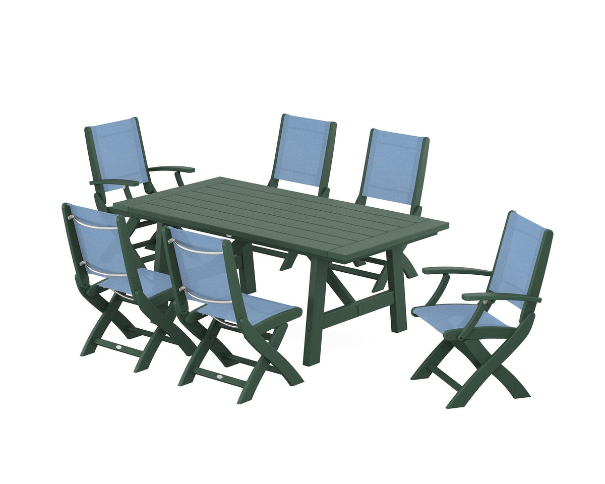 POLYWOOD Coastal Folding Chair 7-Piece Rustic Farmhouse Dining Set in Green / Poolside
