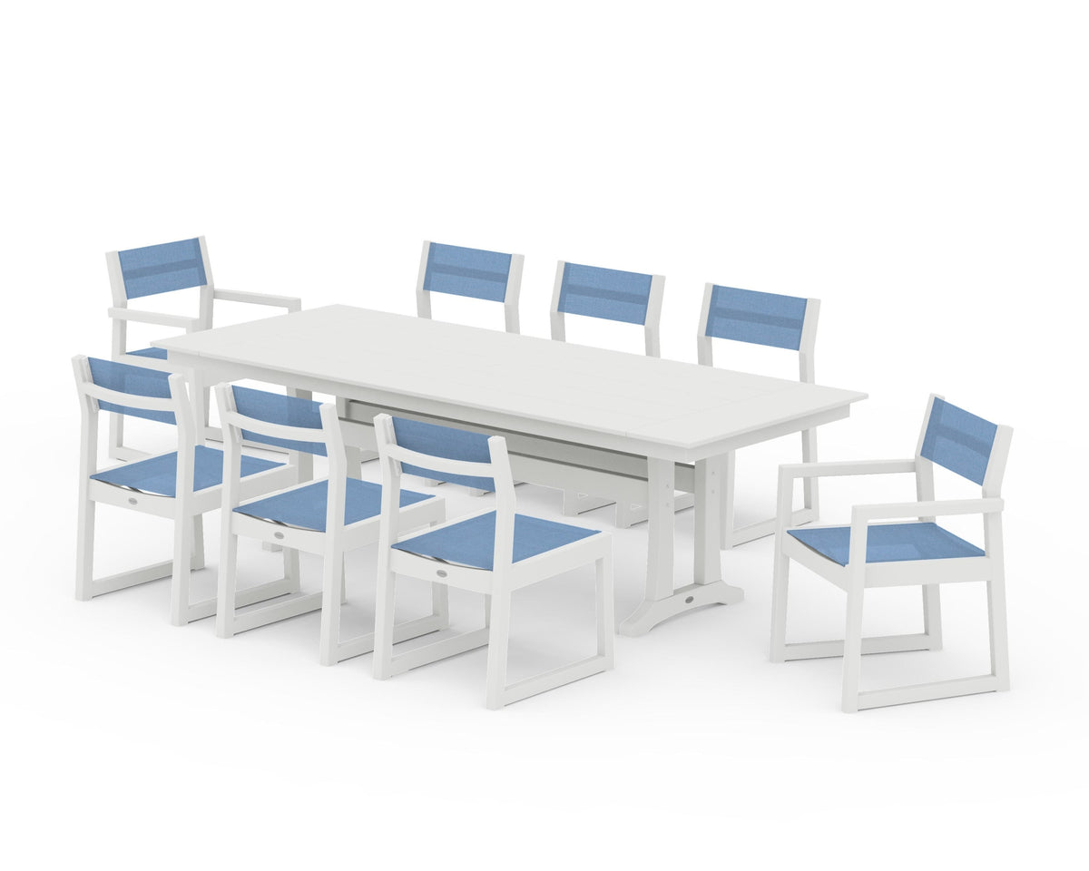 POLYWOOD EDGE Sling 9-Piece Farmhouse Trestle Dining Set in Vintage White / Poolside