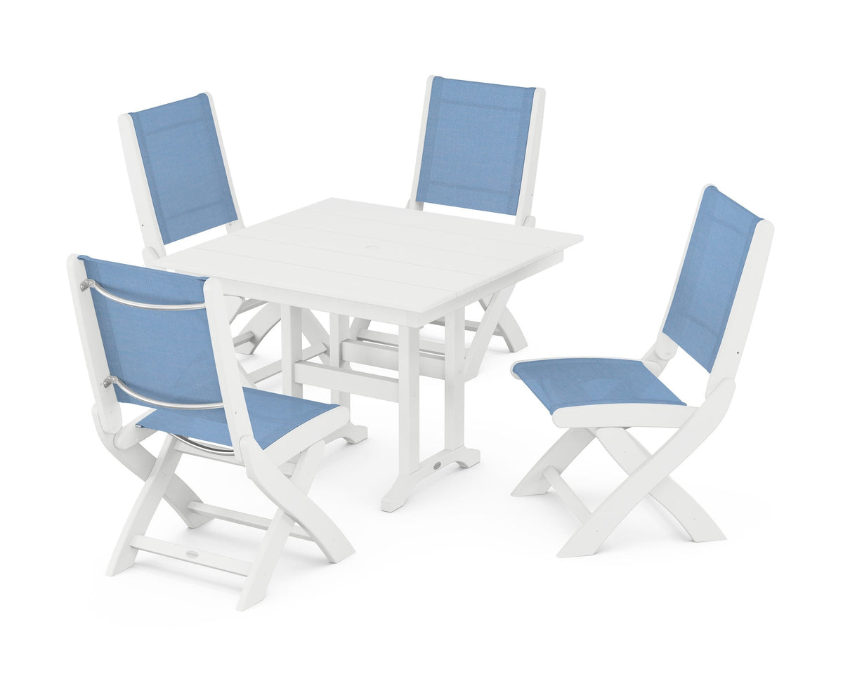POLYWOOD Coastal Folding Side Chair 5-Piece Farmhouse Dining Set in White / Poolside