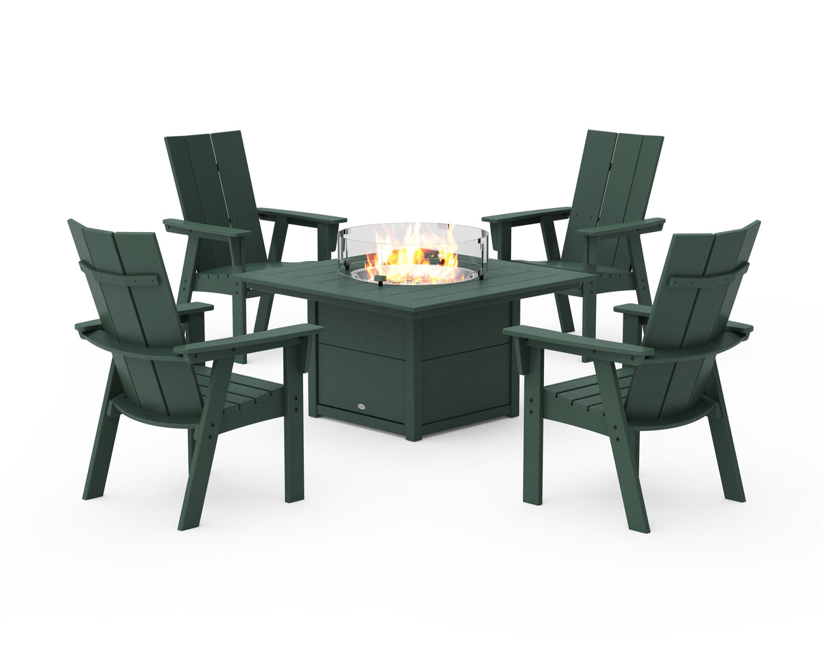 POLYWOOD Modern 4-Piece Curveback Upright Adirondack Conversation Set with Fire Pit Table in Green