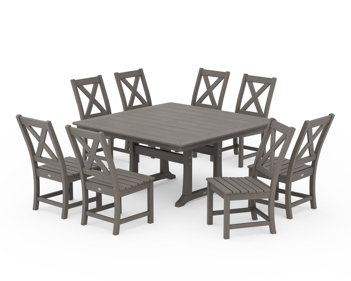 POLYWOOD Braxton 9-Piece Nautical Trestle Dining Set in Driftwood