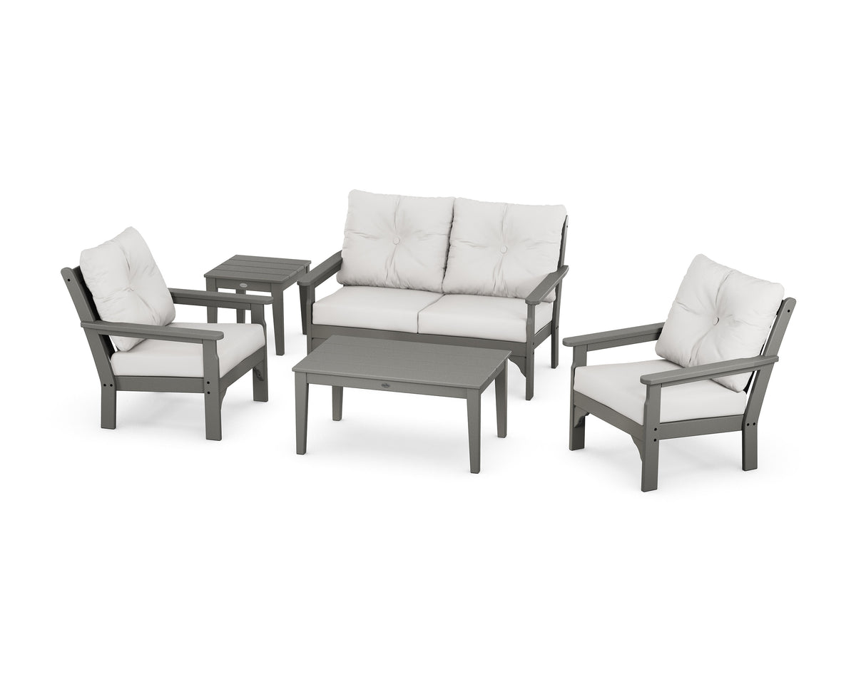 POLYWOOD Vineyard 5-Piece Deep Seating Set with Two Chairs and Loveseat in Slate Grey / Natural Linen