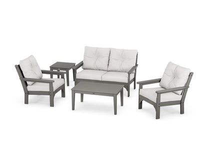 POLYWOOD Vineyard 5-Piece Deep Seating Set with Two Chairs and Loveseat in Slate Grey / Natural Linen