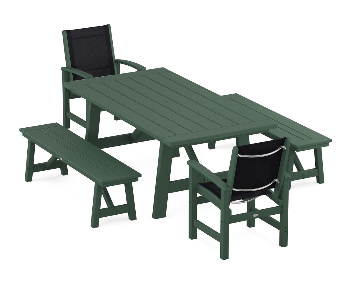 POLYWOOD Coastal 5-Piece Rustic Farmhouse Dining Set With Benches in Green / Black